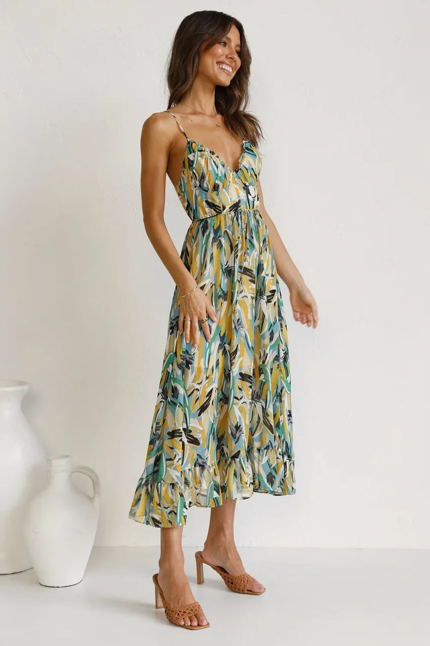 Women's Woven Midi Dress with Tie Waist and Ruffle Hem