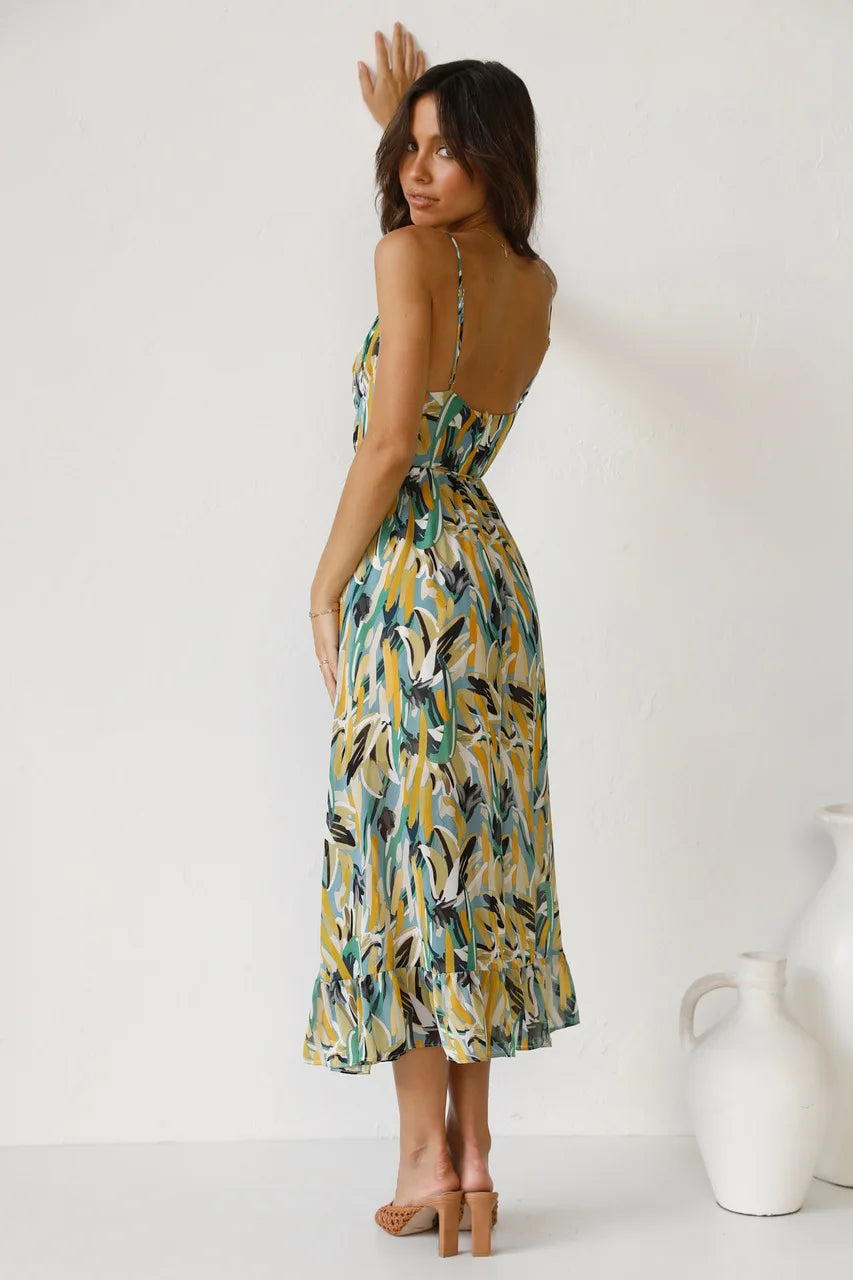 Women's Woven Midi Dress with Tie Waist and Ruffle Hem