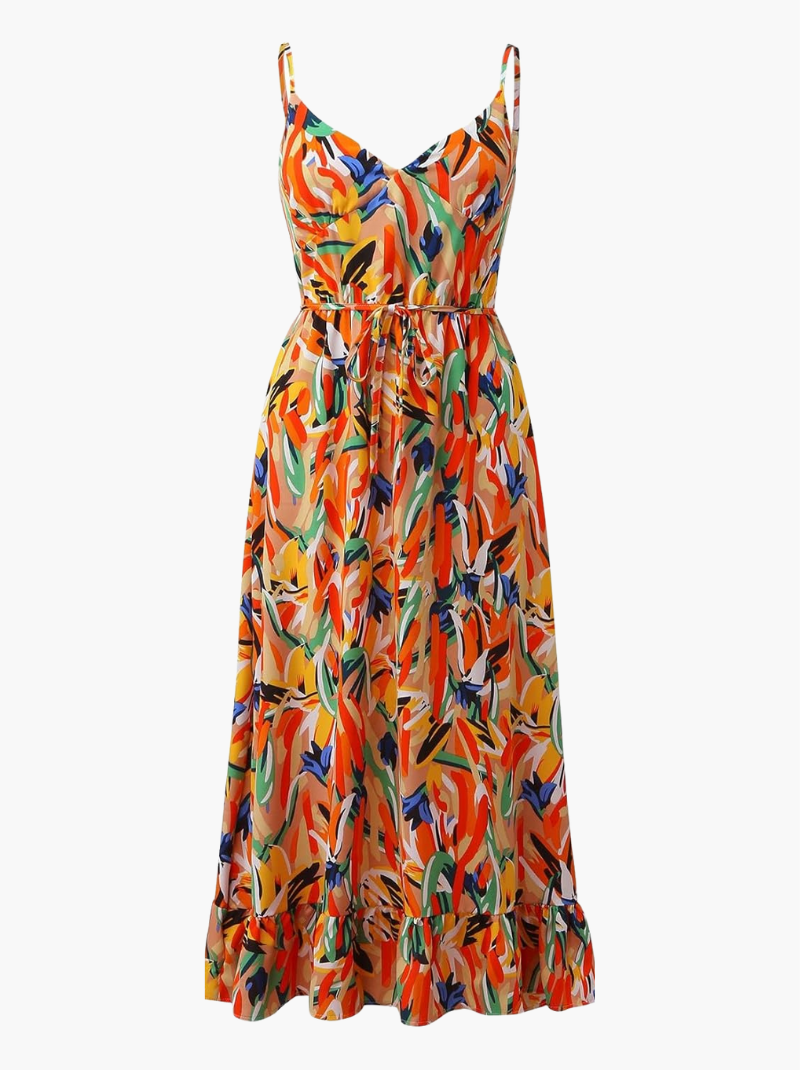 Women's Woven Midi Dress with Tie Waist and Ruffle Hem