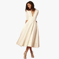 Women's Woven Midi Dress with V Neck and Pleated Skirt