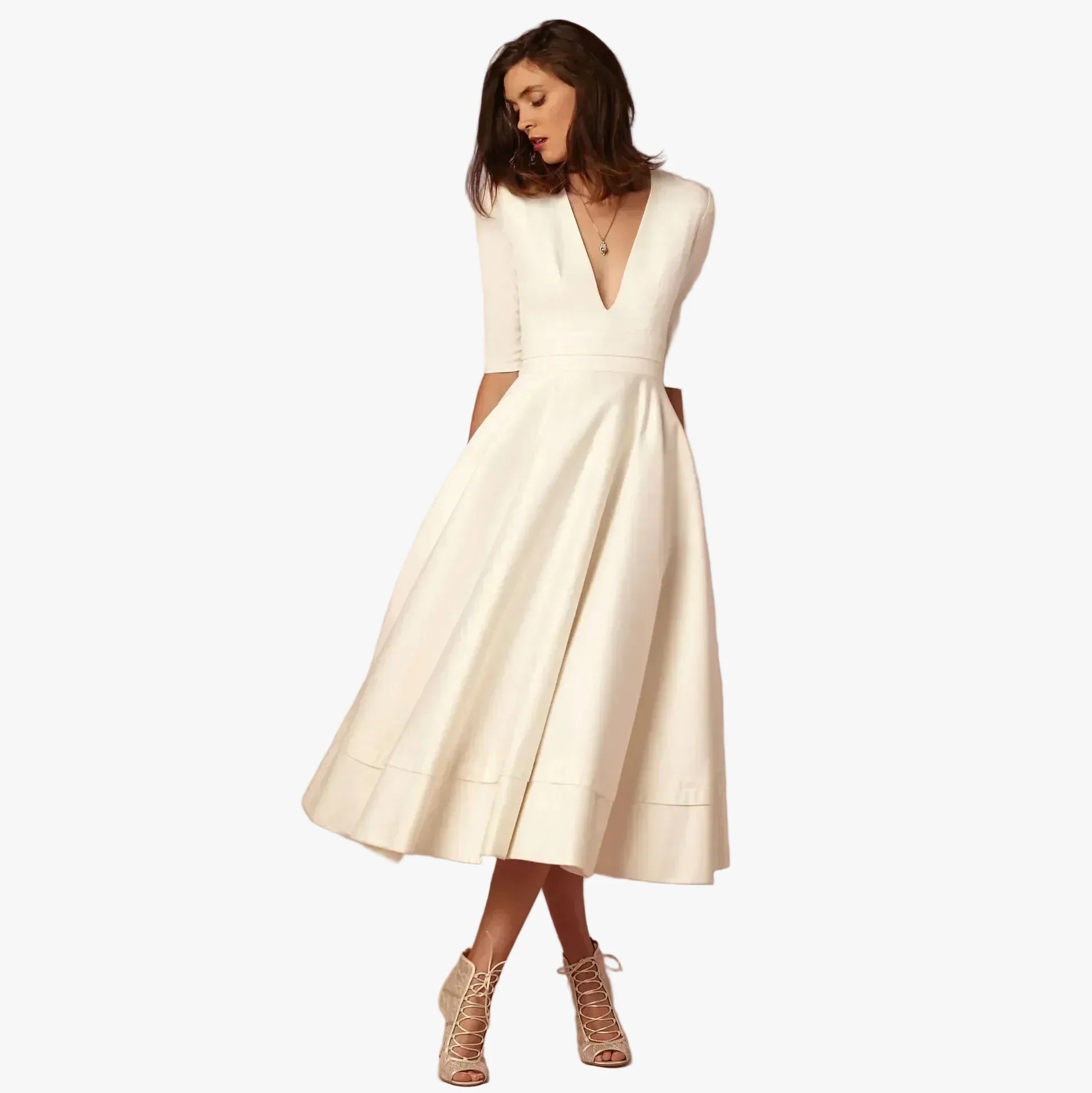 Women's Woven Midi Dress with V Neck and Pleated Skirt