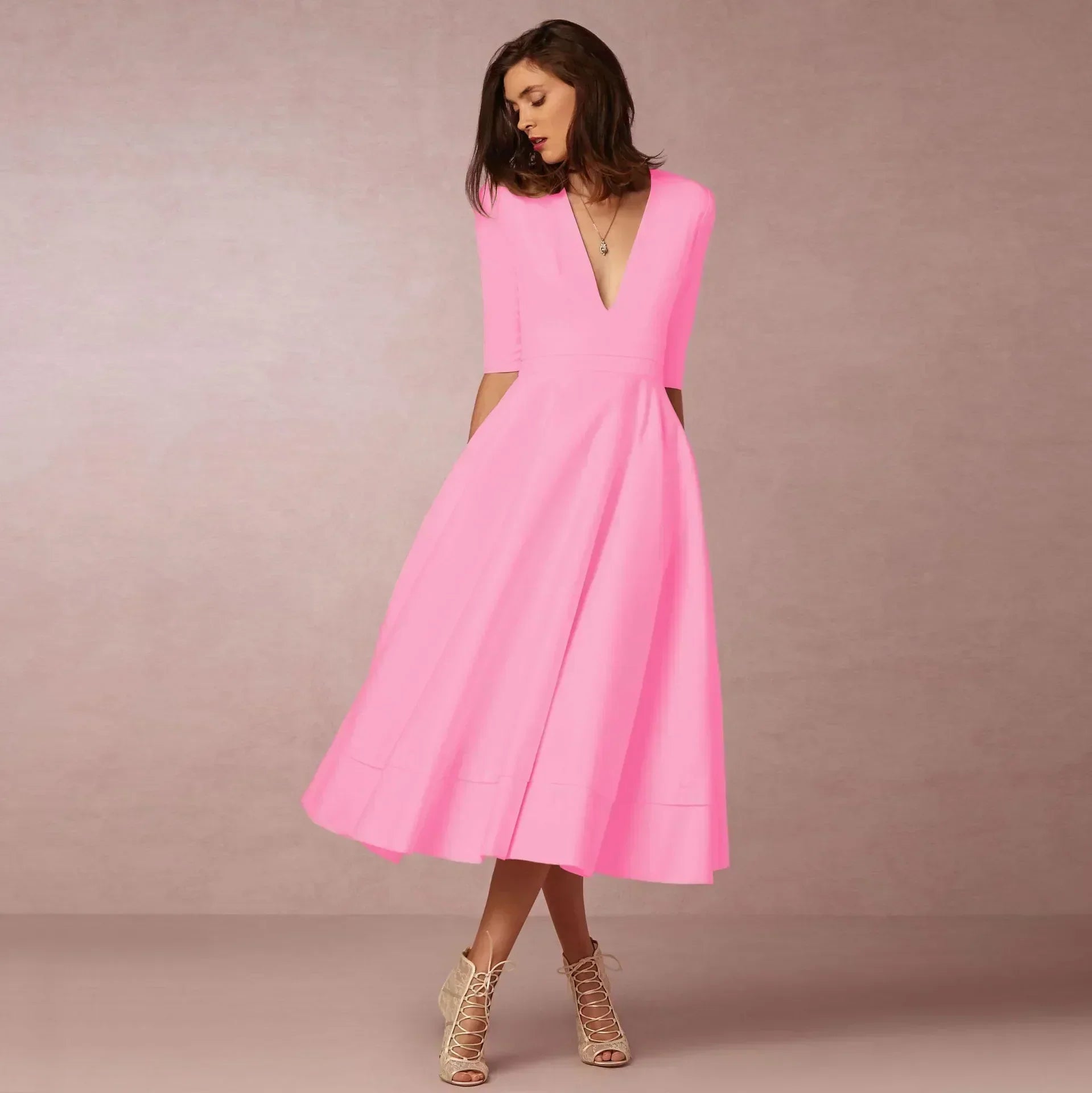 Women's Woven Midi Dress with V Neck and Pleated Skirt