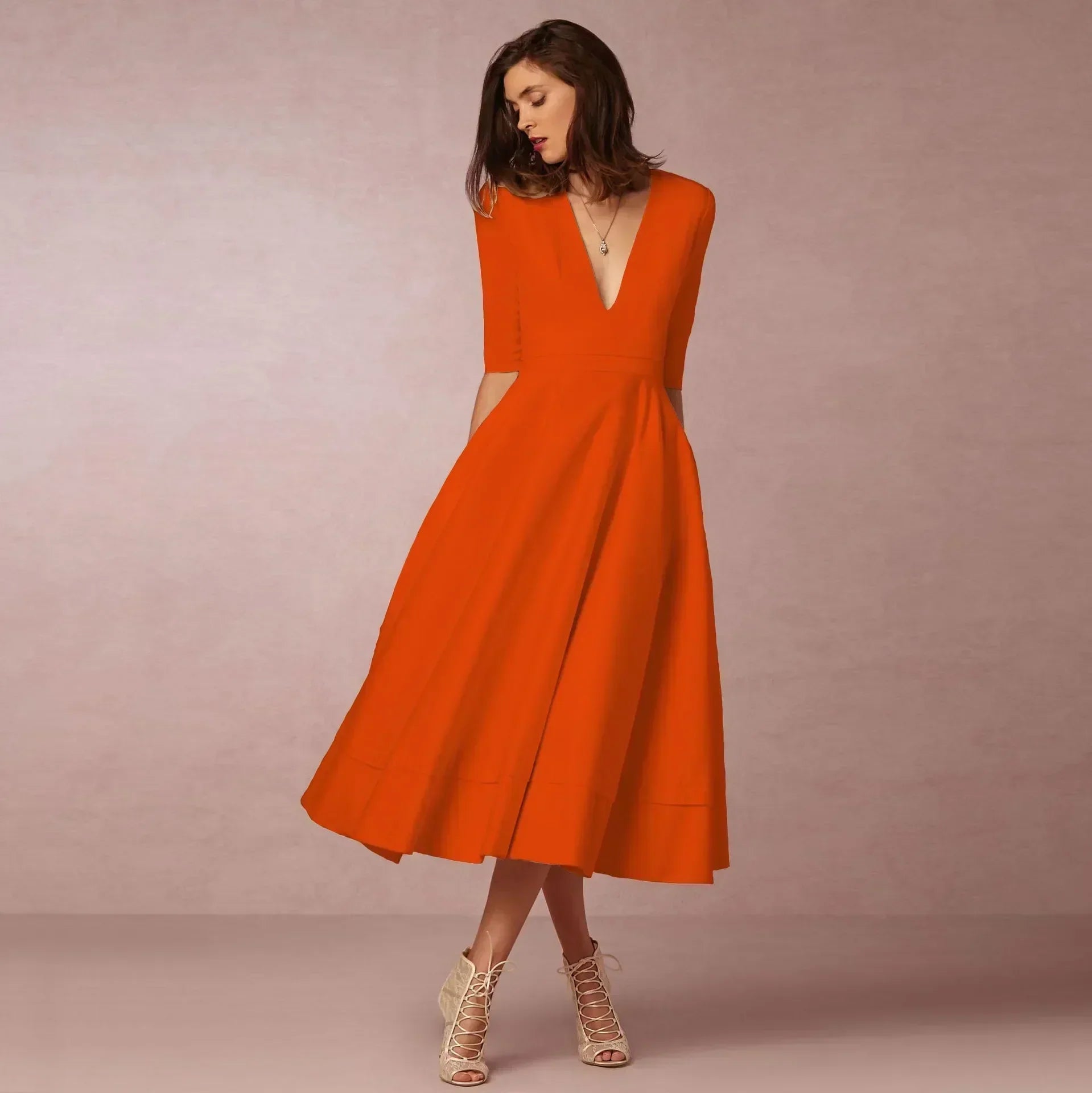 Women's Woven Midi Dress with V Neck and Pleated Skirt