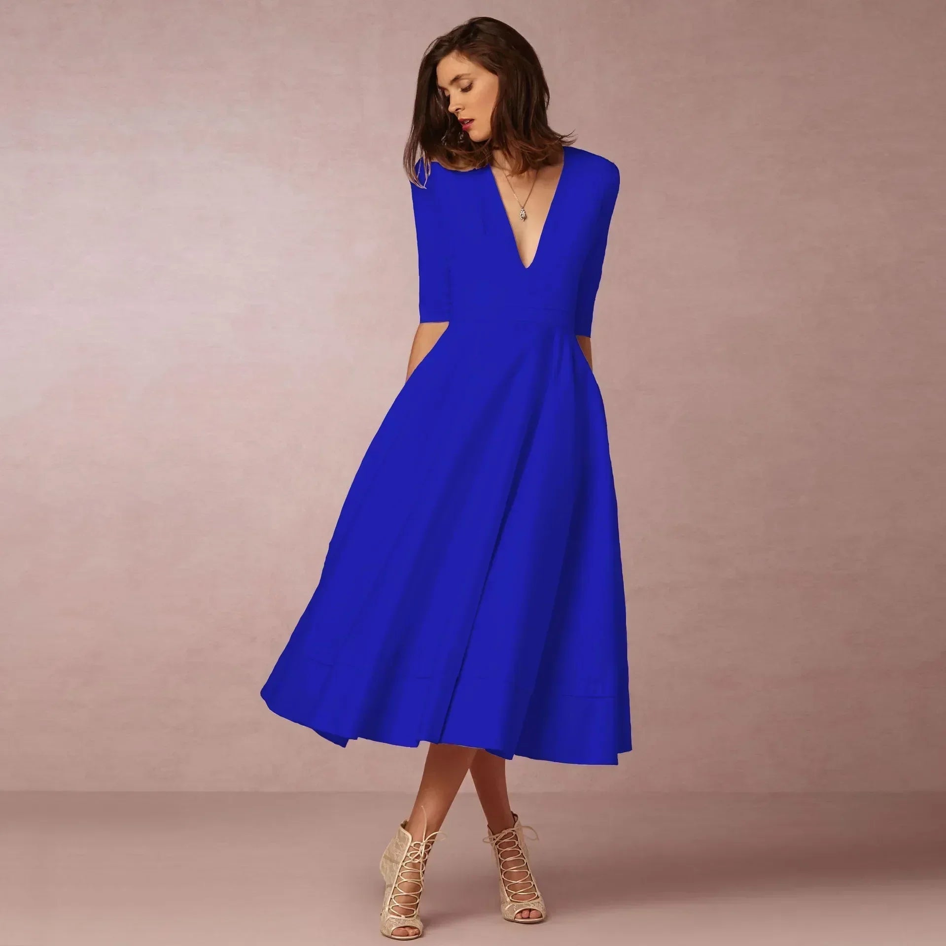 Women's Woven Midi Dress with V Neck and Pleated Skirt