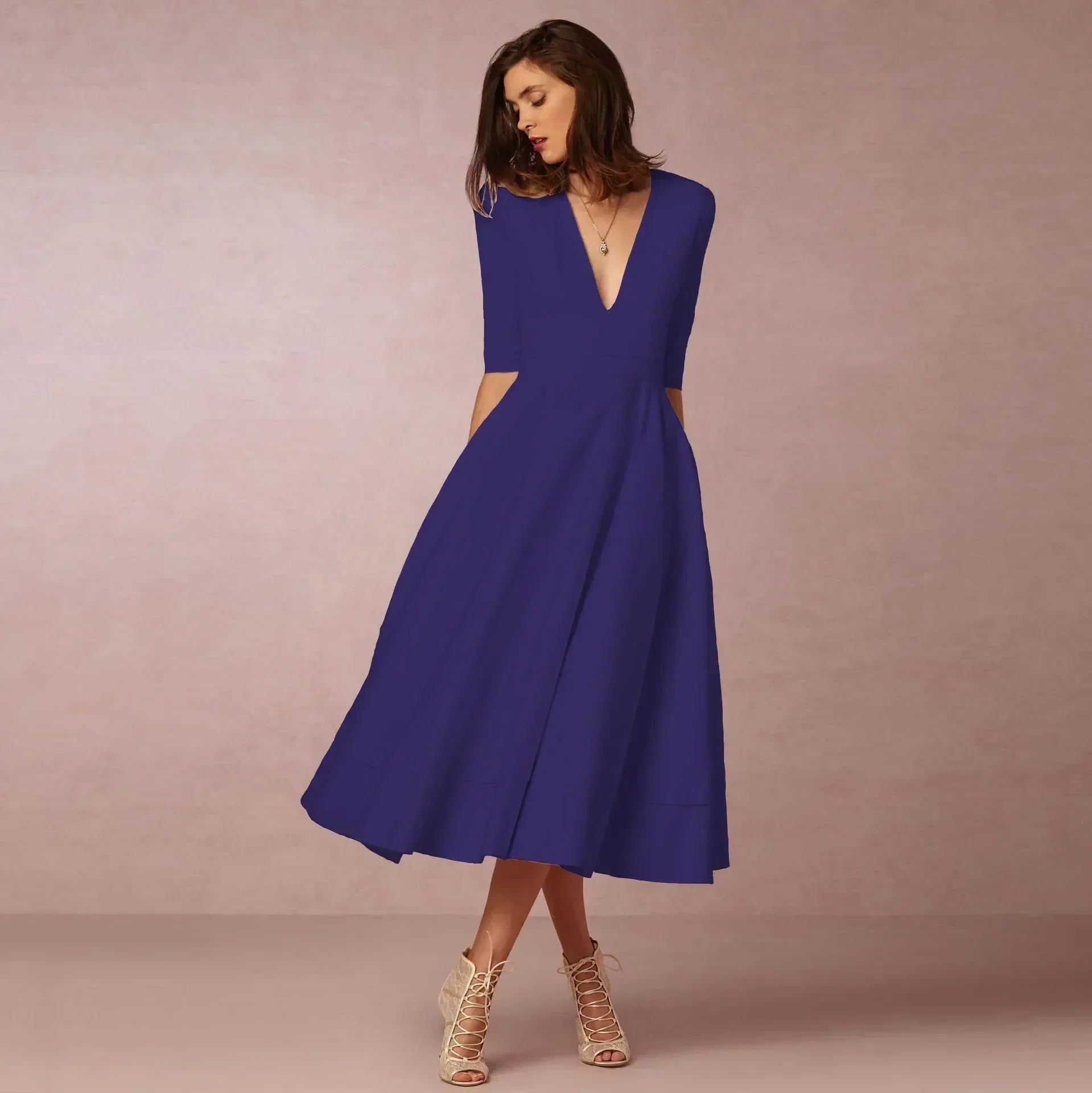 Women's Woven Midi Dress with V Neck and Pleated Skirt