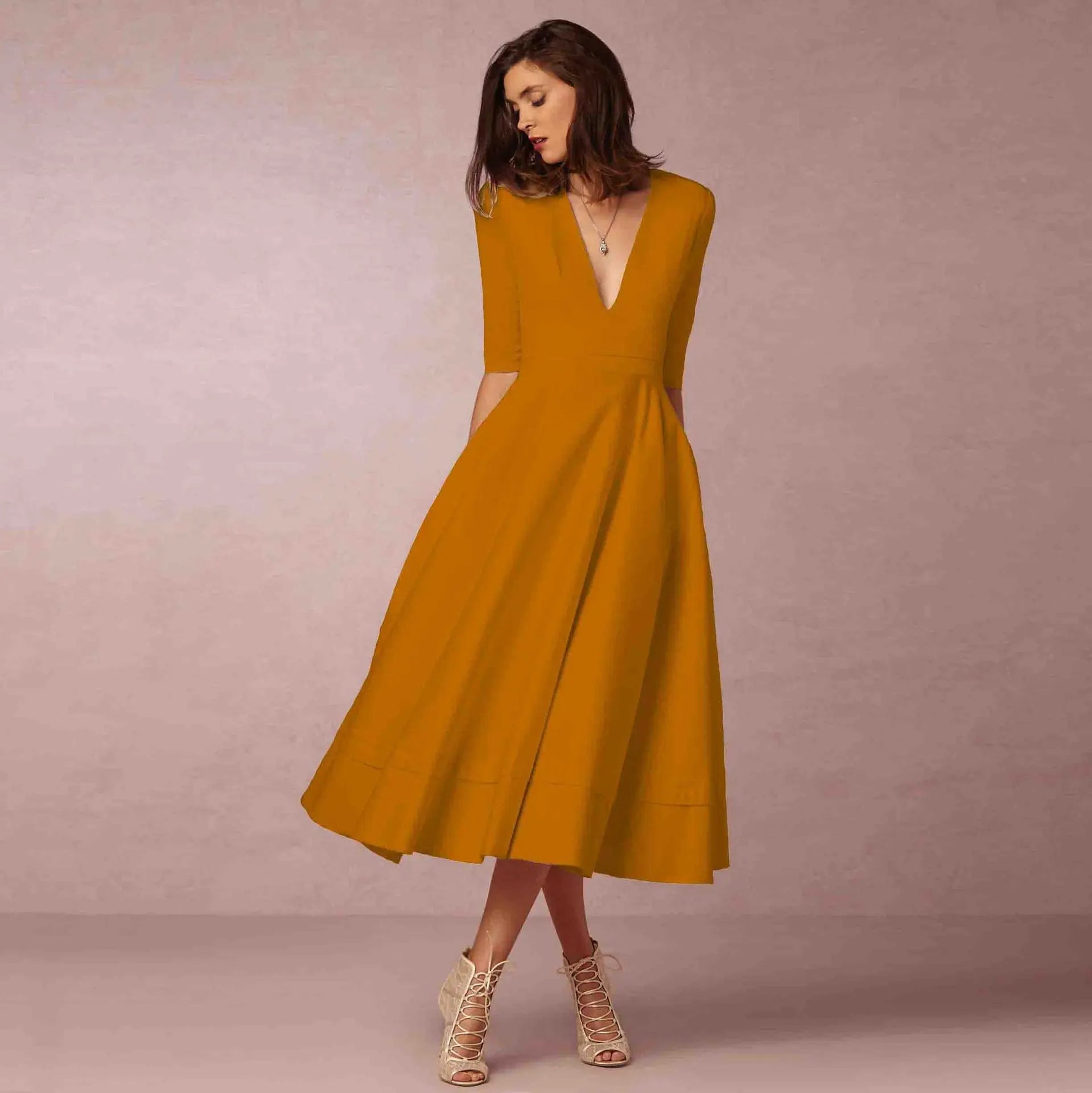 Women's Woven Midi Dress with V Neck and Pleated Skirt