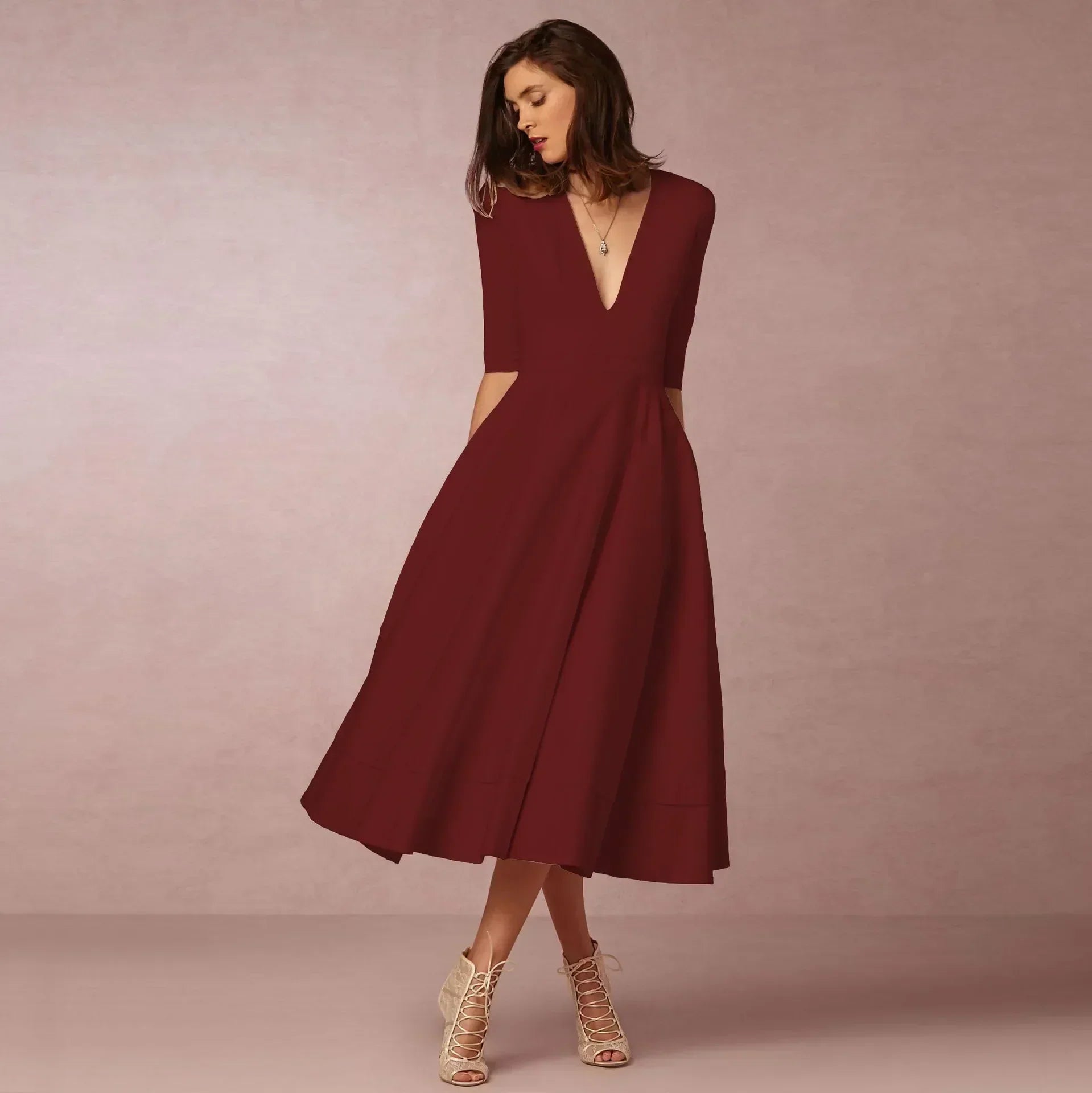 Women's Woven Midi Dress with V Neck and Pleated Skirt