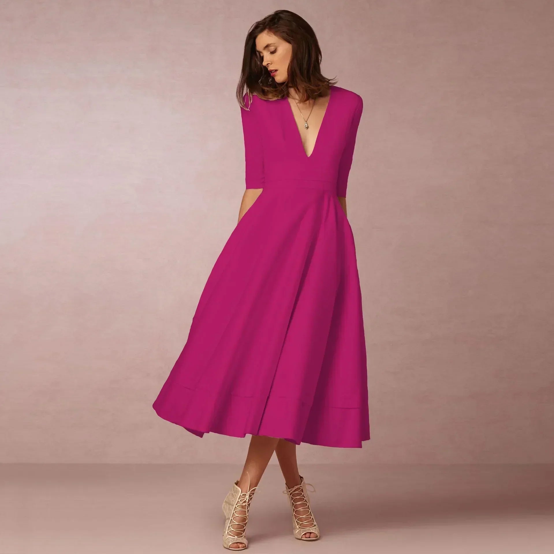 Women's Woven Midi Dress with V Neck and Pleated Skirt