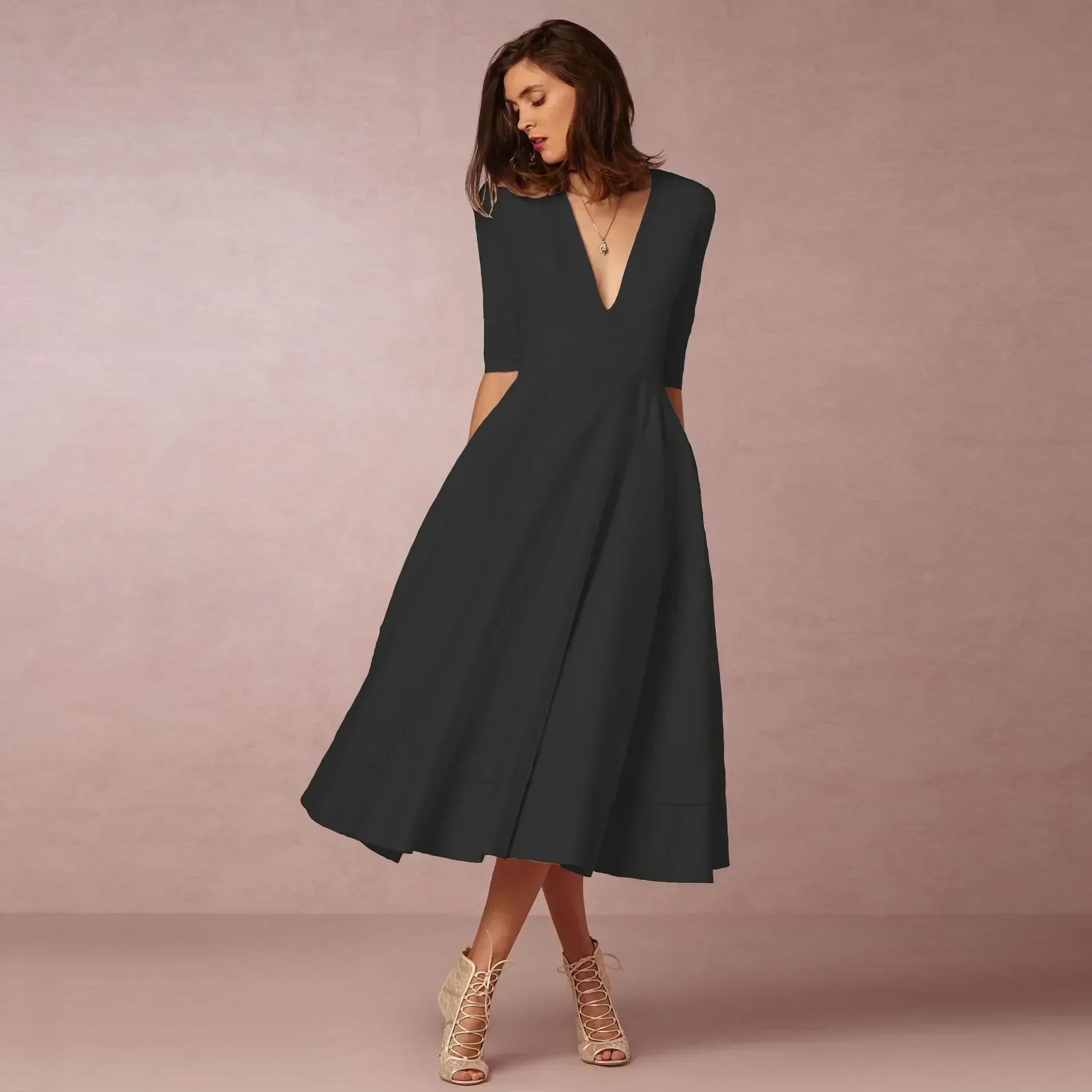 Women's Woven Midi Dress with V Neck and Pleated Skirt
