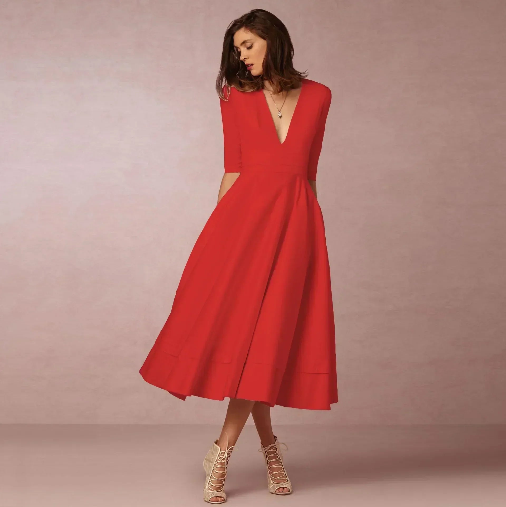 Women's Woven Midi Dress with V Neck and Pleated Skirt