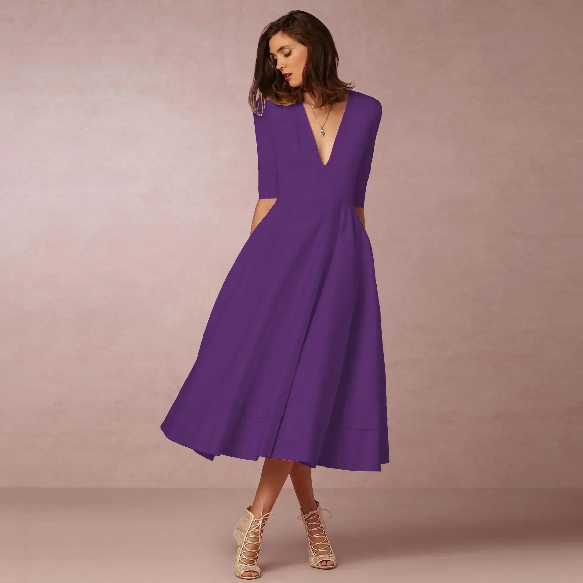 Women's Woven Midi Dress with V Neck and Pleated Skirt