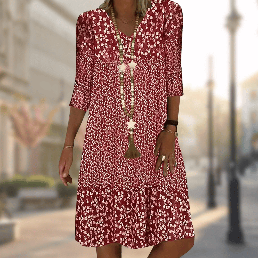 Women's Woven Midi Dress with V Neck and Ruffle Hem