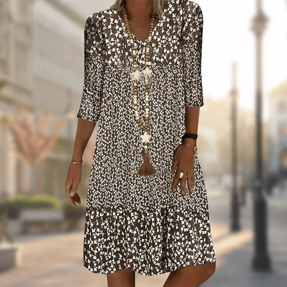 Women's Woven Midi Dress with V Neck and Ruffle Hem