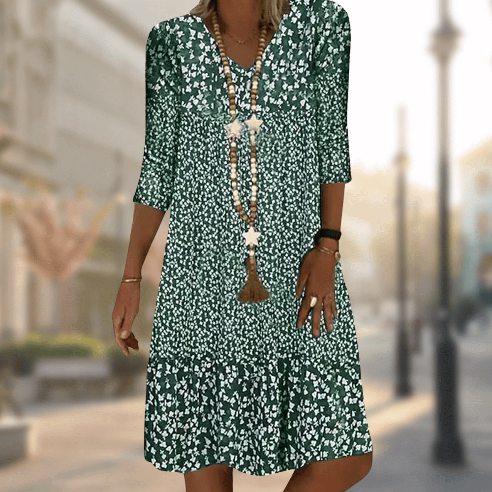 Women's Woven Midi Dress with V Neck and Ruffle Hem