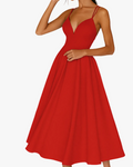 Women's Woven Midi Dress with V Neck and Strappy Back