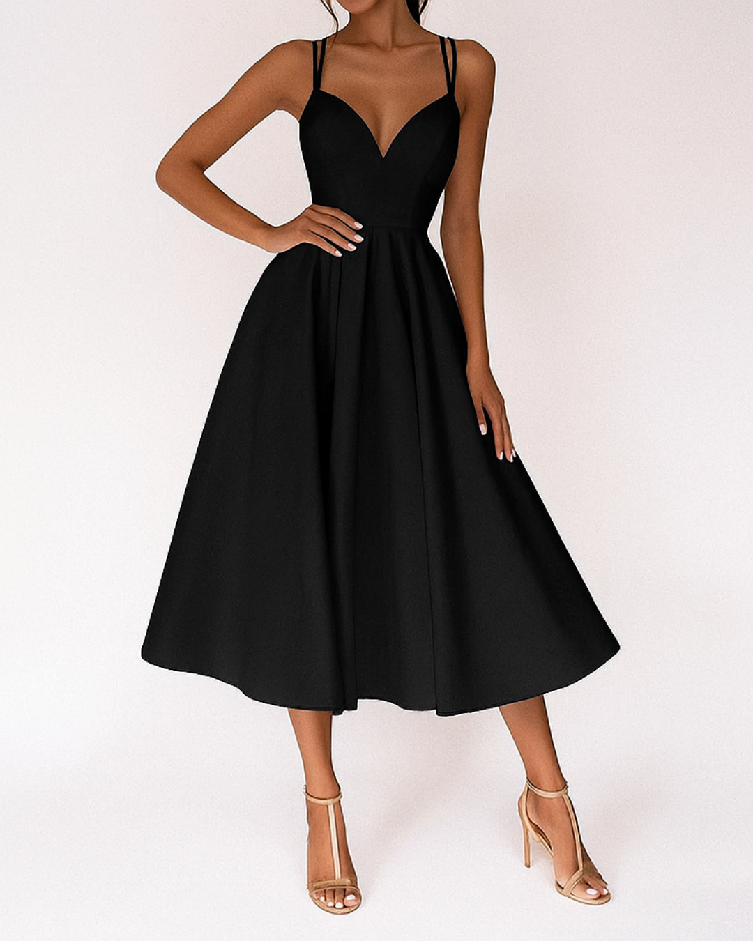 Women's Woven Midi Dress with V Neck and Strappy Back