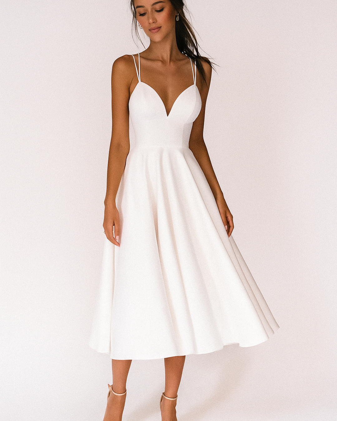 Women's Woven Midi Dress with V Neck and Strappy Back