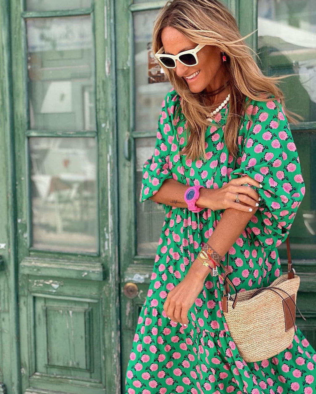 Women's Woven Midi Dress with V Neck and Tiered Hem