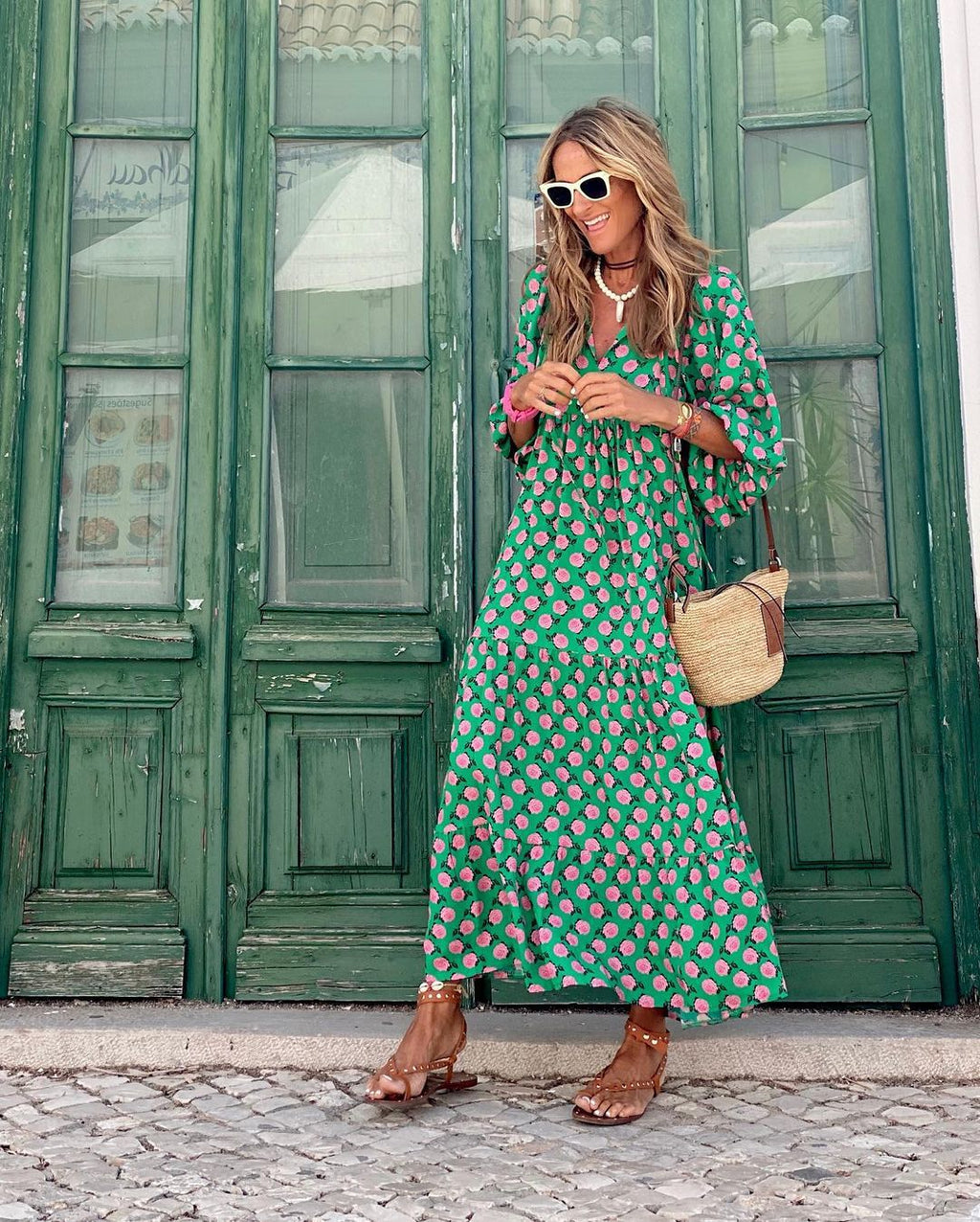 Women's Woven Midi Dress with V Neck and Tiered Hem
