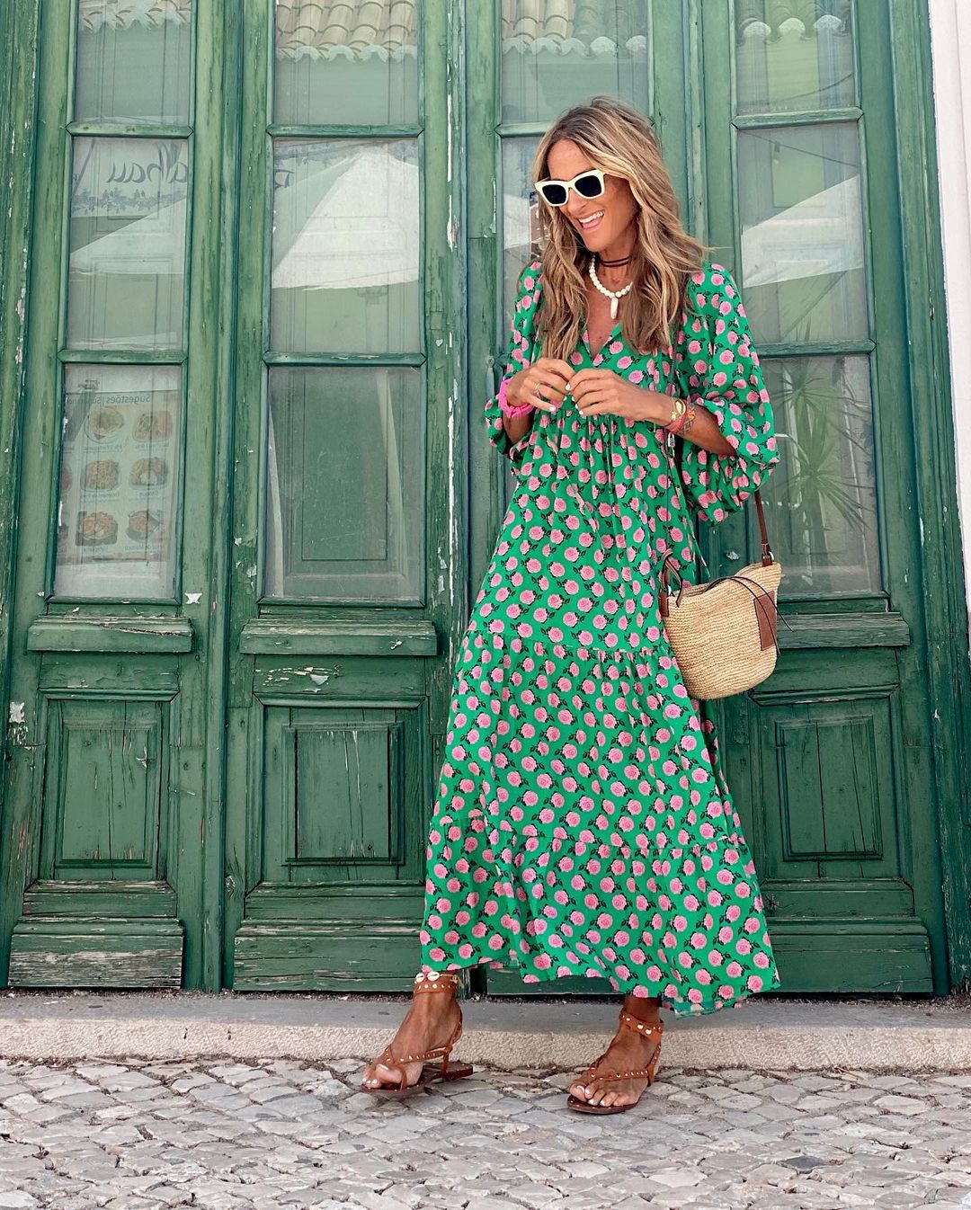 Women's Woven Midi Dress with V Neck and Tiered Hem