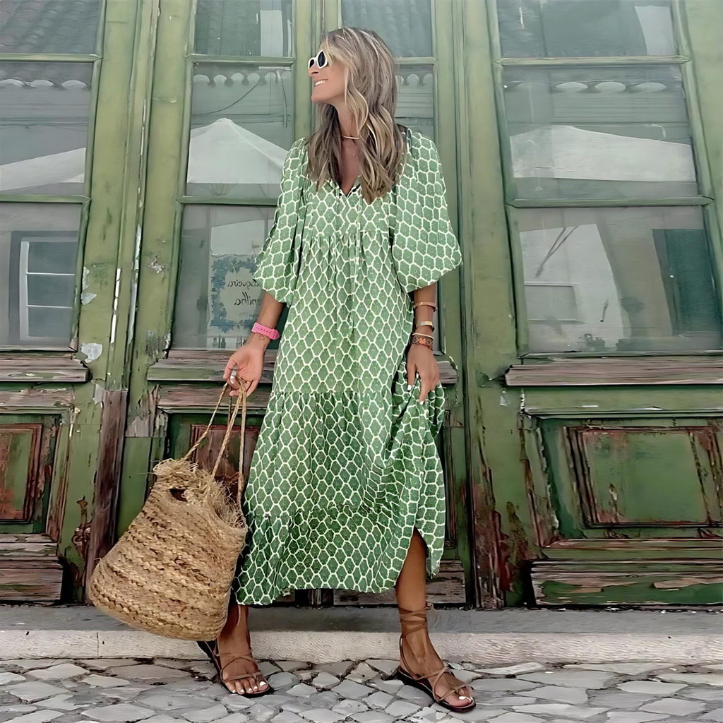 Women's Woven Midi Dress with V Neck and Tiered Hem