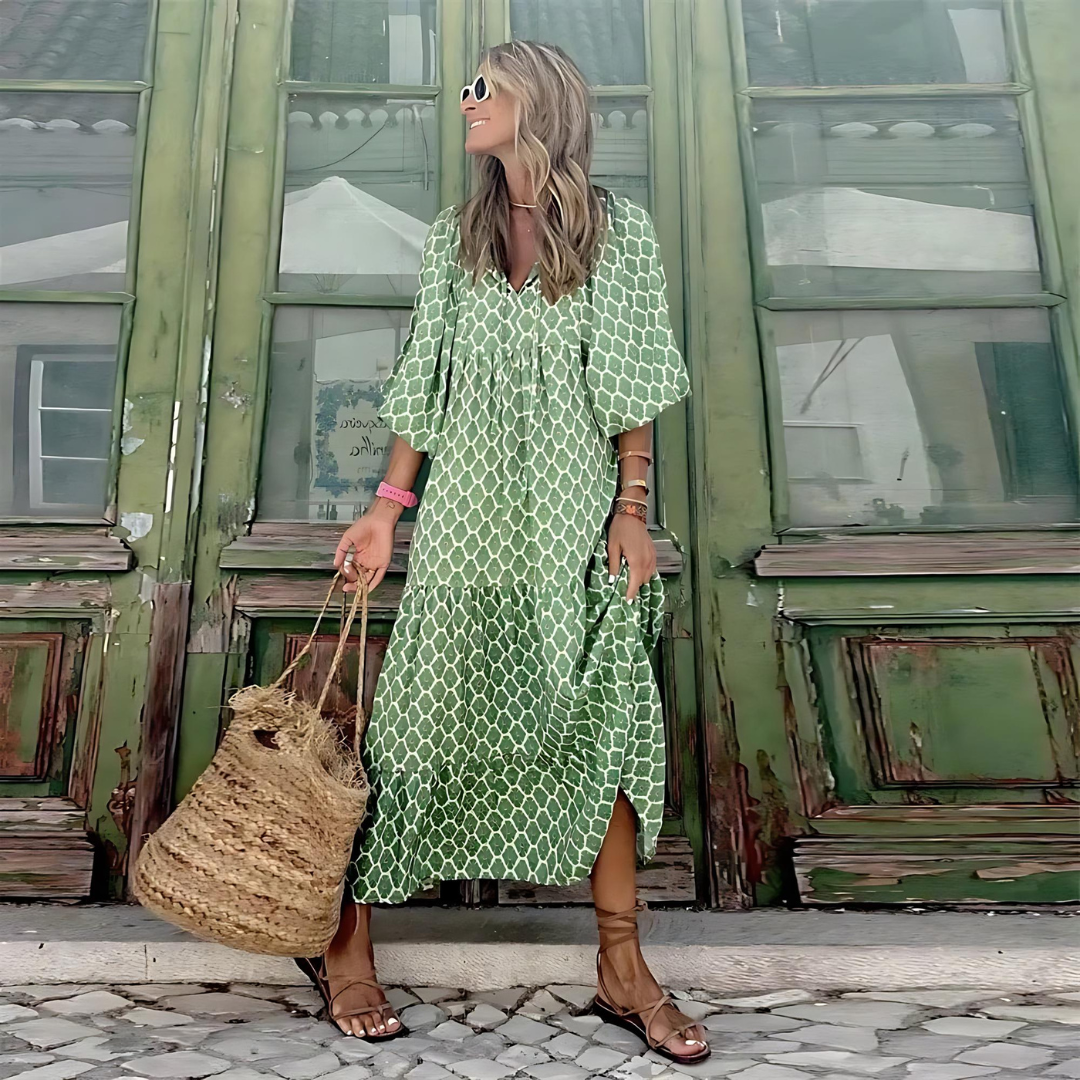 Women's Woven Midi Dress with V Neck and Tiered Hem