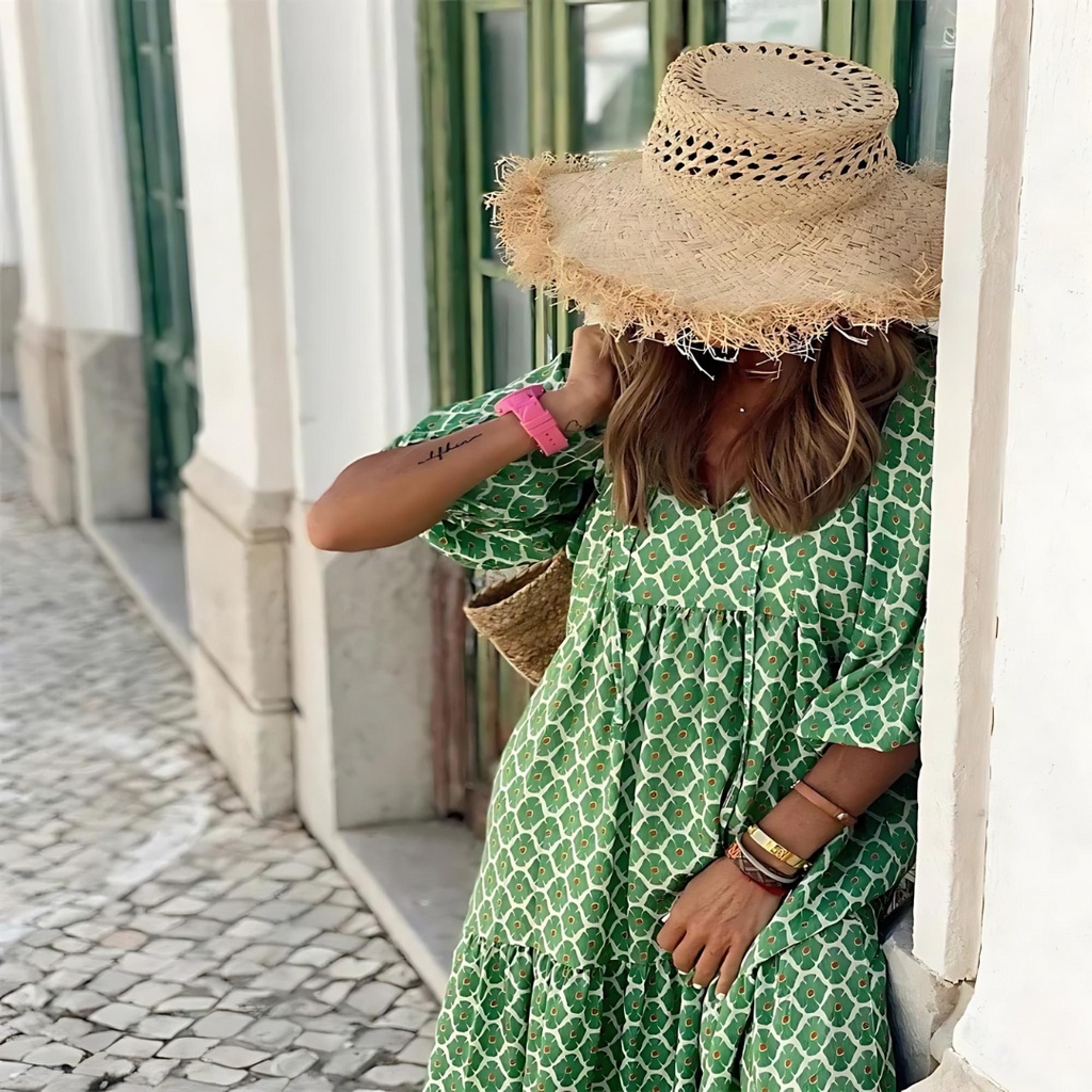 Women's Woven Midi Dress with V Neck and Tiered Hem