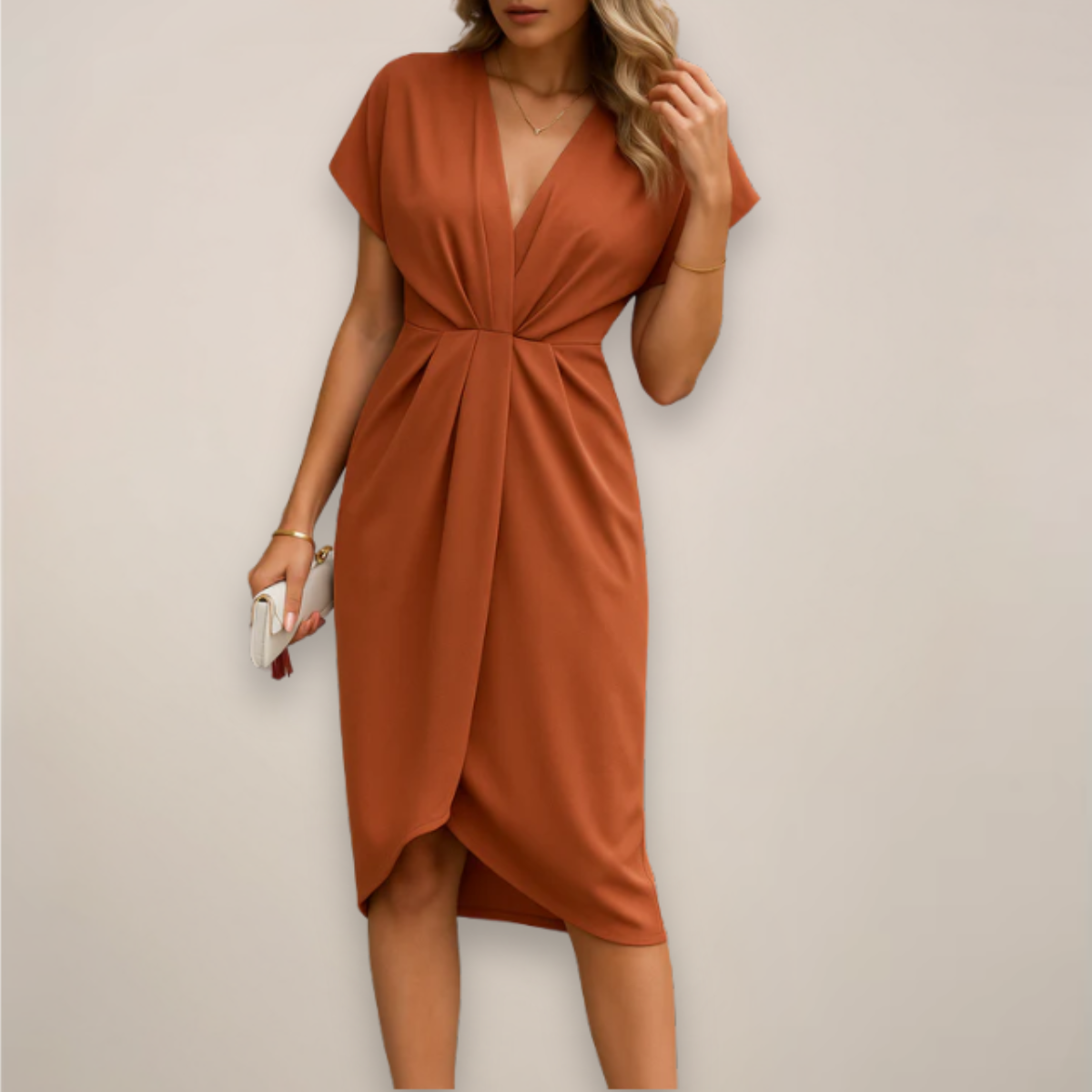Women's Woven Midi Dress with V-Neck and Wrap Front