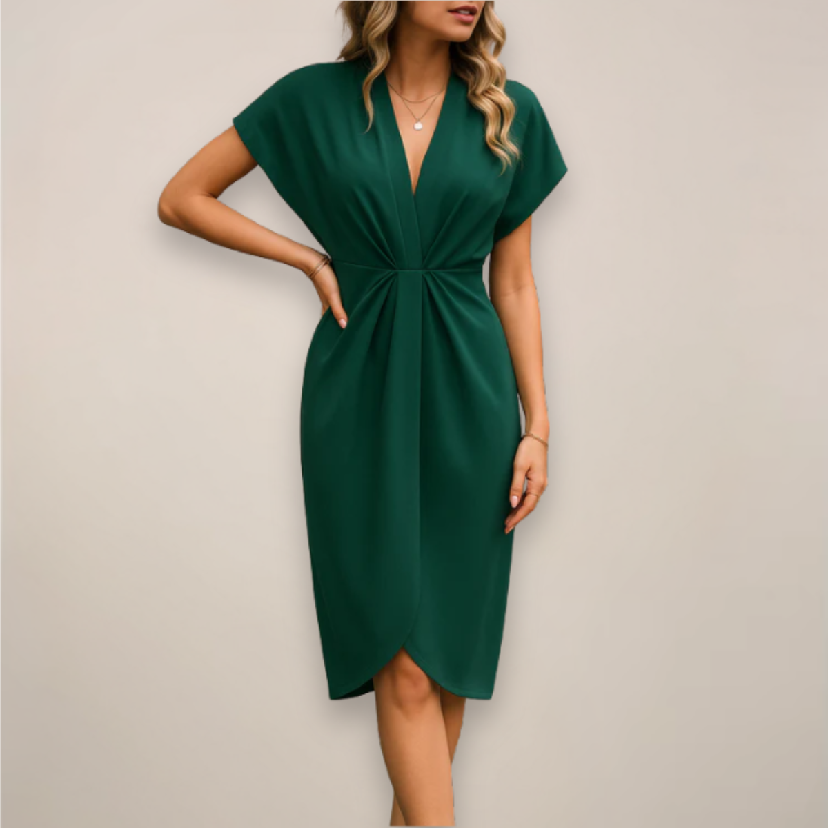 Women's Woven Midi Dress with V-Neck and Wrap Front
