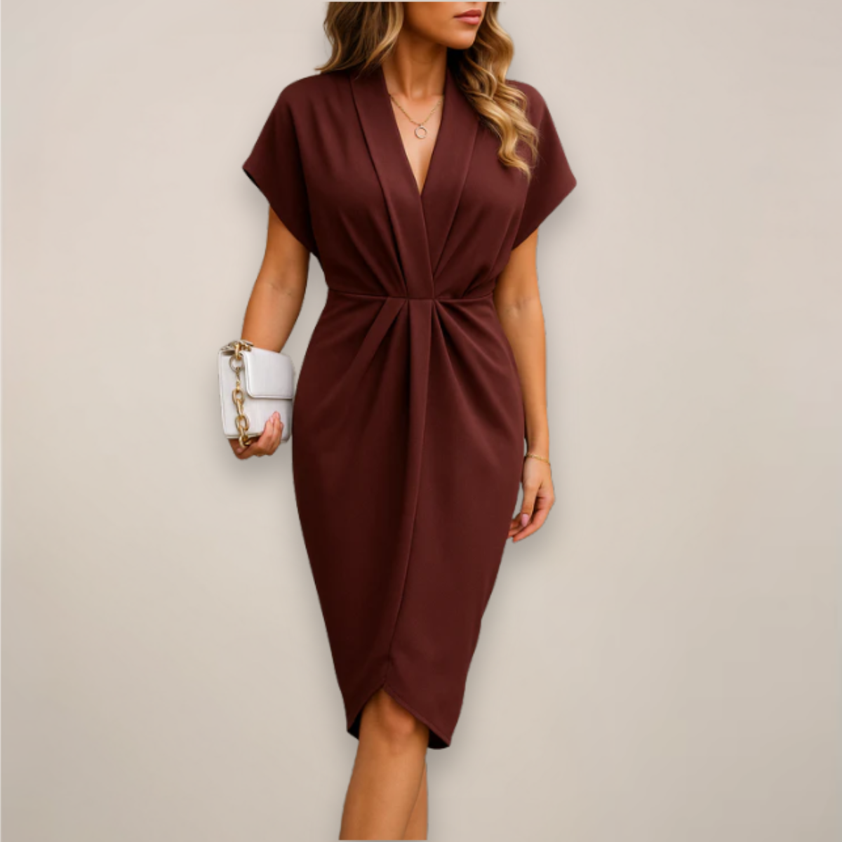 Women's Woven Midi Dress with V-Neck and Wrap Front
