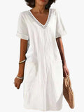 Women's Woven Midi Dress with V-Neck Trim and Patch Pockets