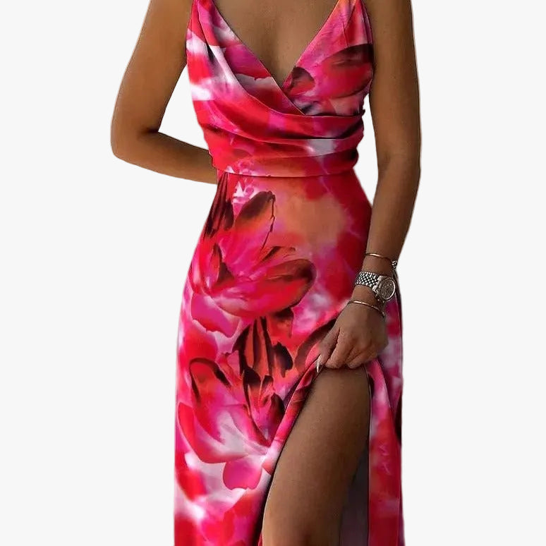Women's Woven Midi Dress with Wrap Bodice and Side Slit