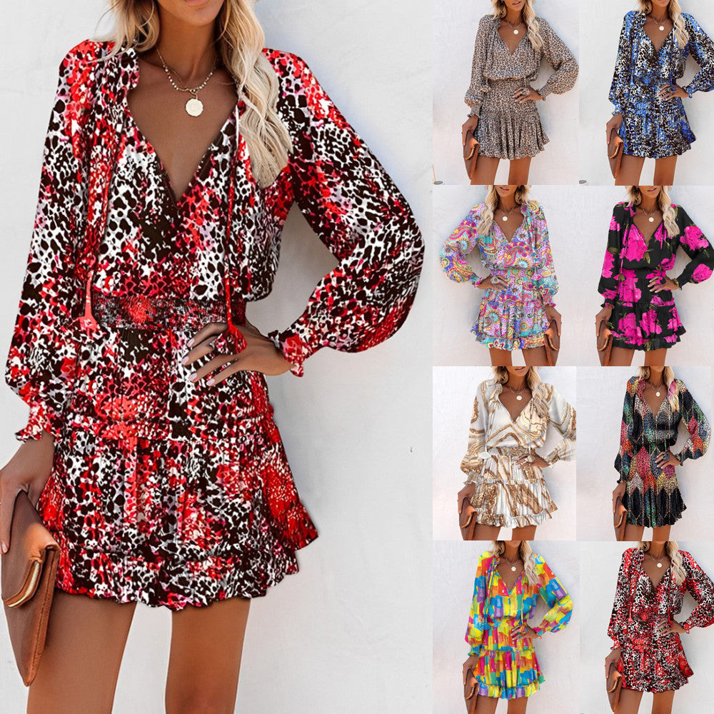 Women's Woven Mini Dress with Neck Ties and Tiered Hem