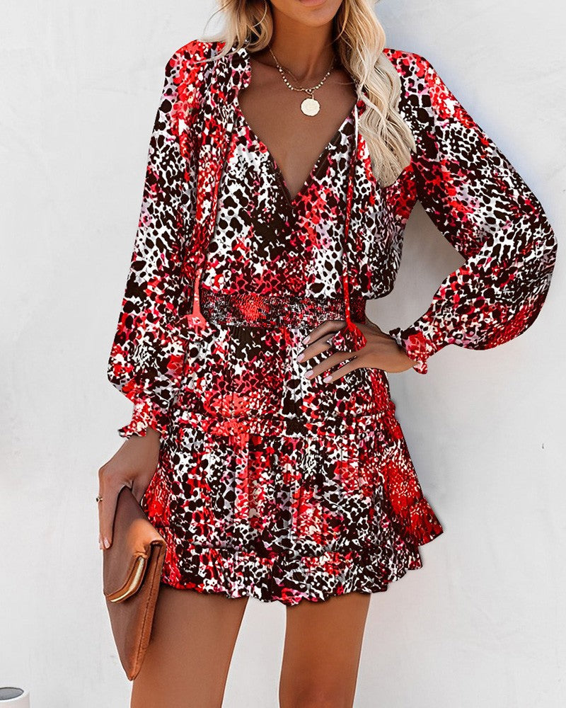 Women's Woven Mini Dress with Neck Ties and Tiered Hem