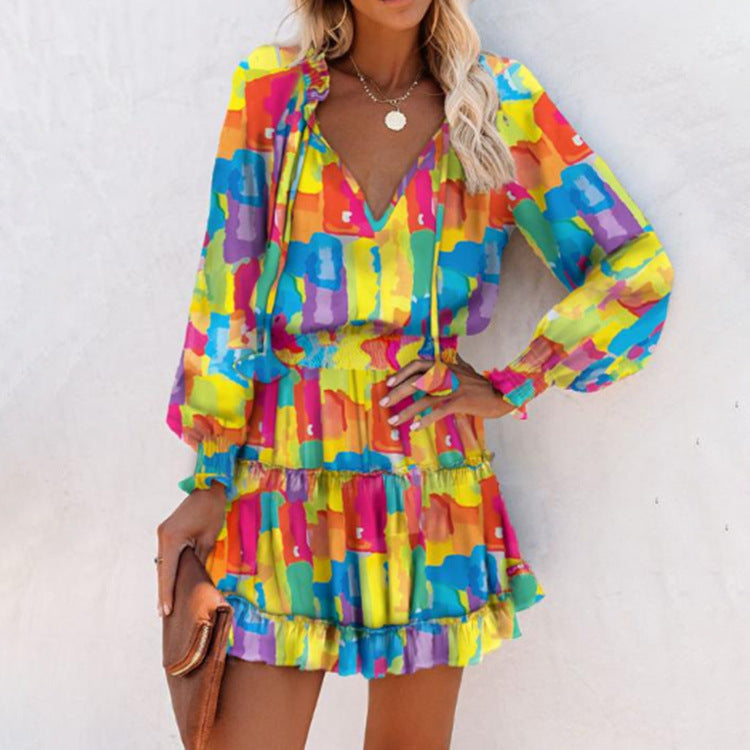 Women's Woven Mini Dress with Neck Ties and Tiered Hem
