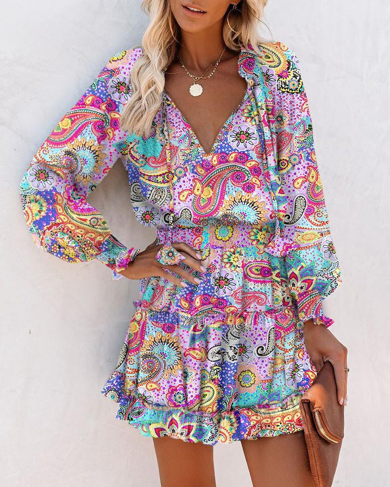 Women's Woven Mini Dress with Neck Ties and Tiered Hem