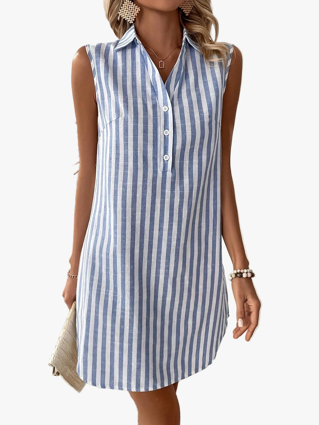 Women's Woven Mini Dress with Point Collar and Button Placket