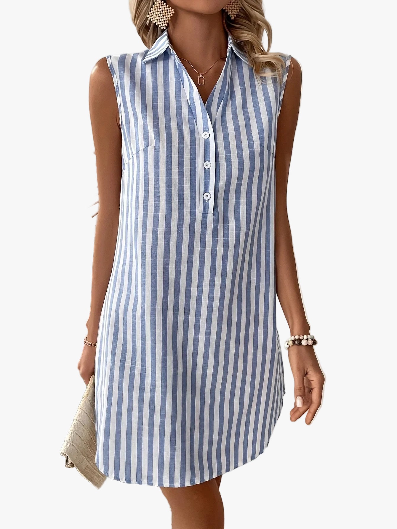 Women's Woven Mini Dress with Point Collar and Button Placket