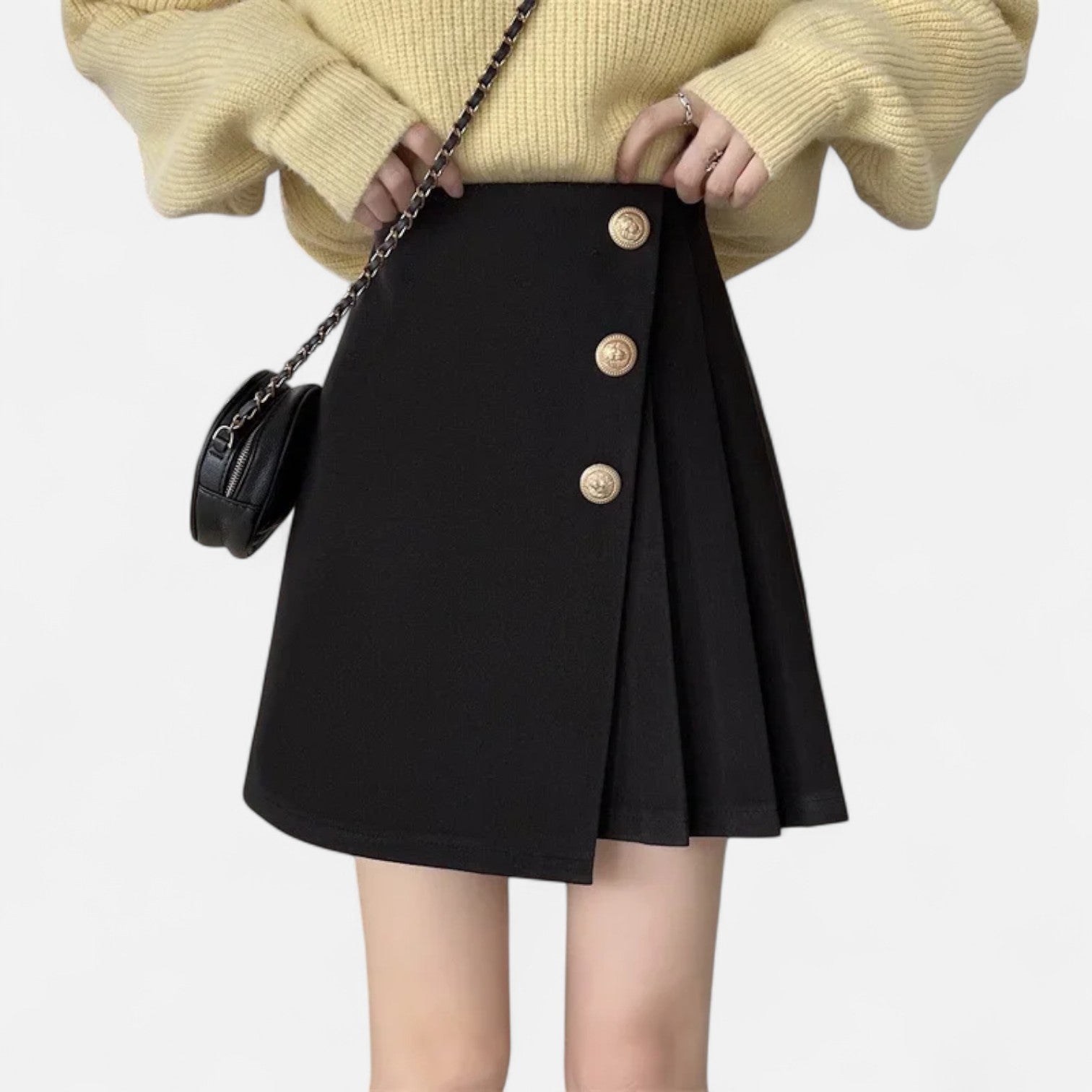 Women's Woven Mini Skirt with Side Buttons and Pleated Panel