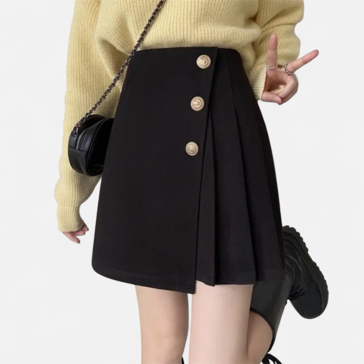 Women's Woven Mini Skirt with Side Buttons and Pleated Panel