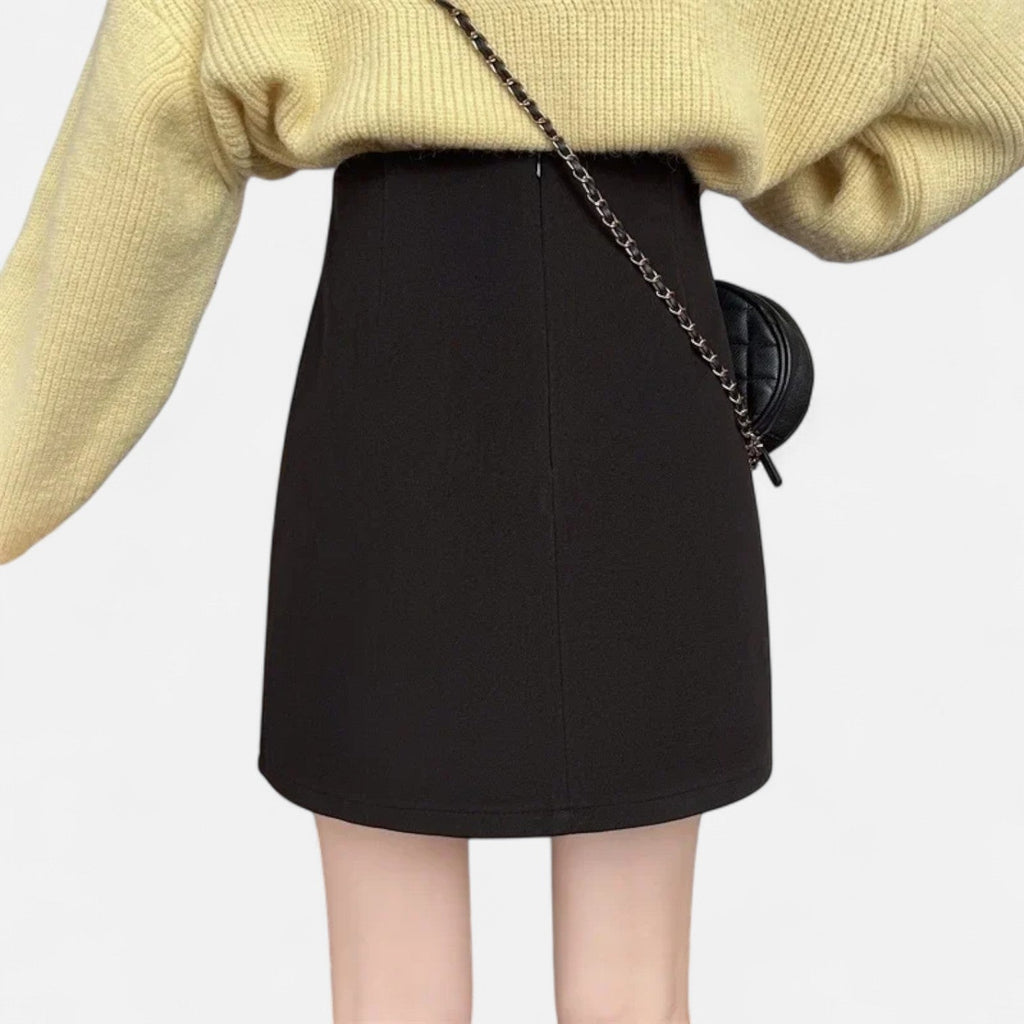 Women's Woven Mini Skirt with Side Buttons and Pleated Panel
