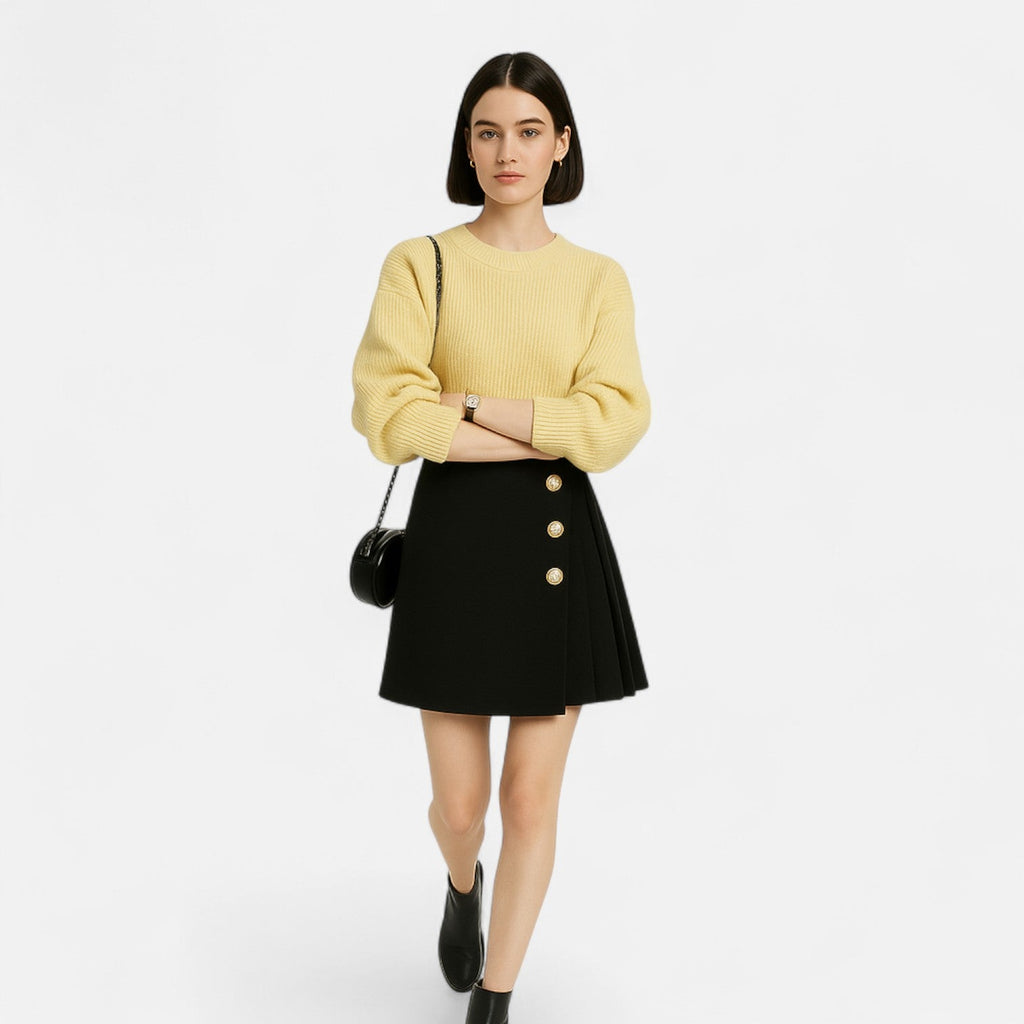 Women's Woven Mini Skirt with Side Buttons and Pleated Panel