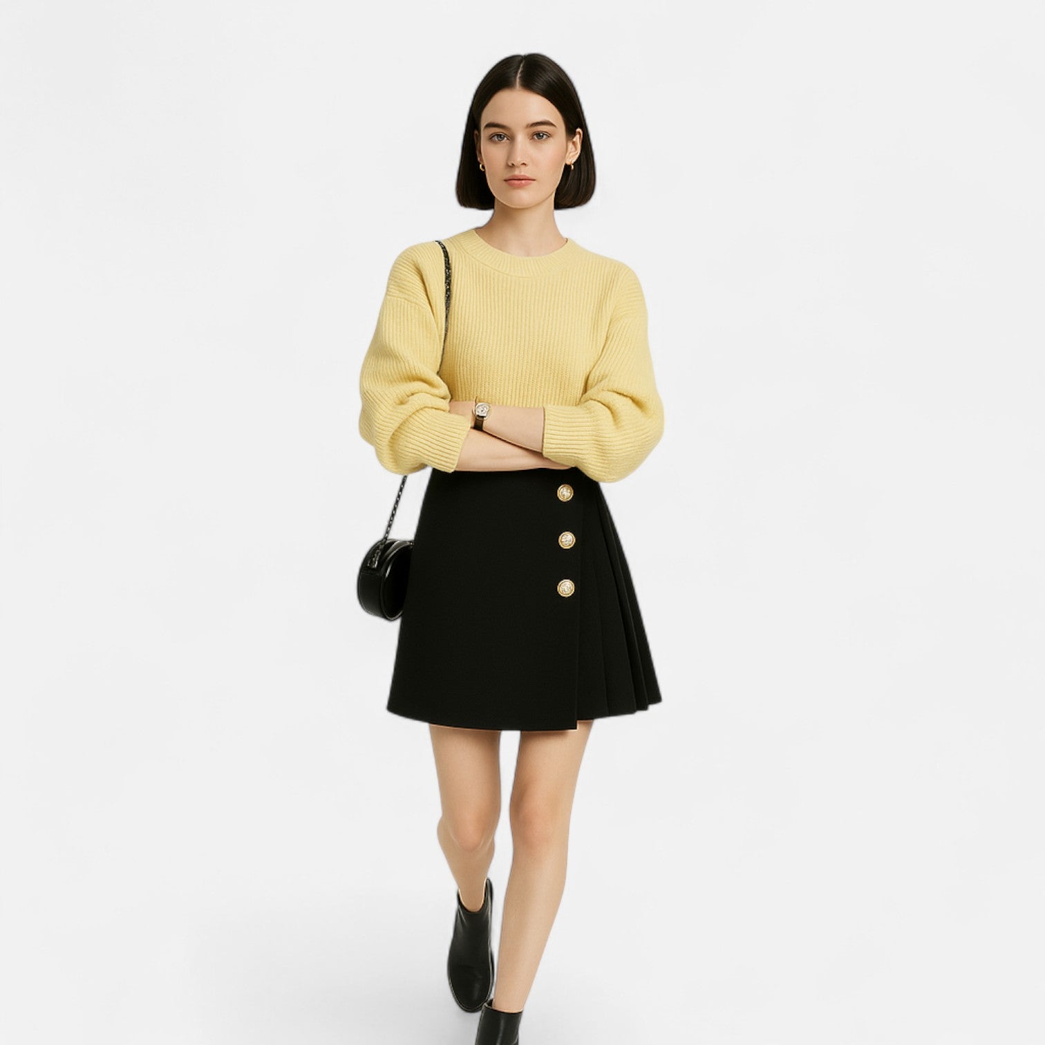 Women's Woven Mini Skirt with Side Buttons and Pleated Panel