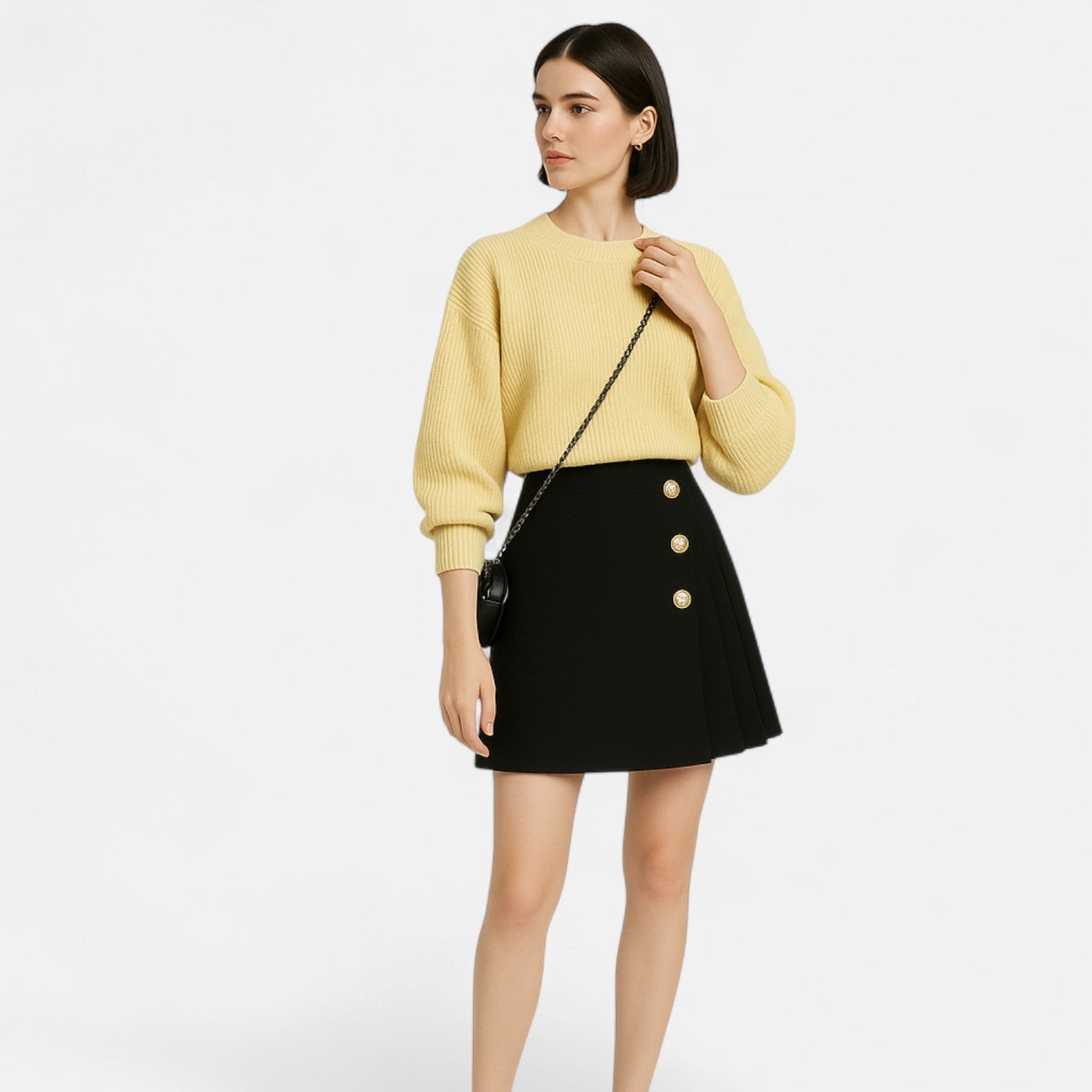 Women's Woven Mini Skirt with Side Buttons and Pleated Panel