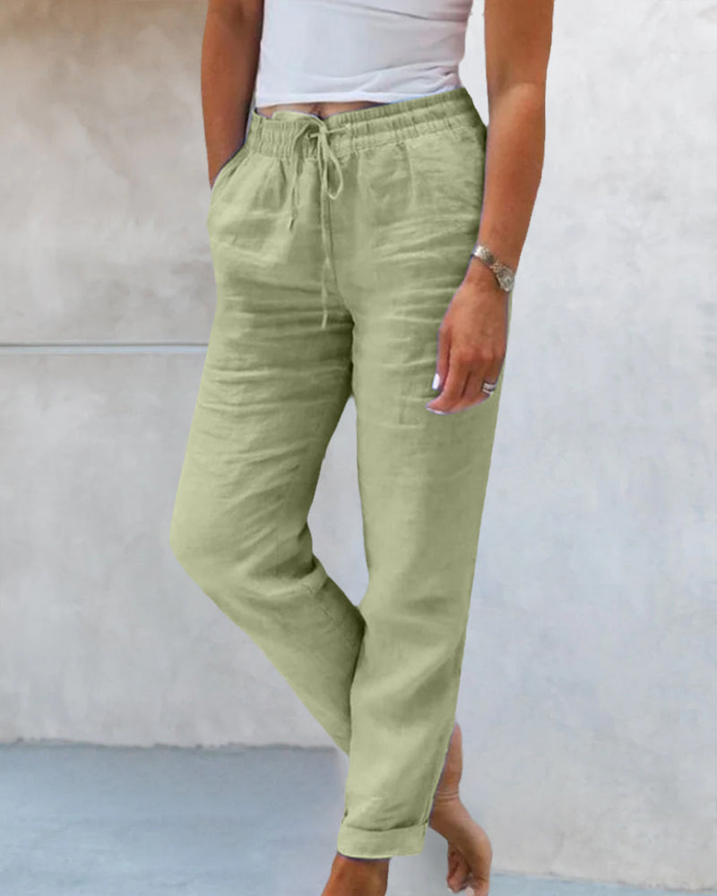 Women's Woven Pants with Drawstring Waist and Cuffed Hem