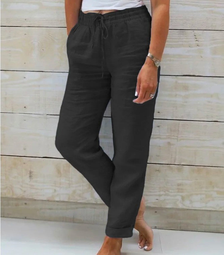 Women's Woven Pants with Drawstring Waist and Cuffed Hem