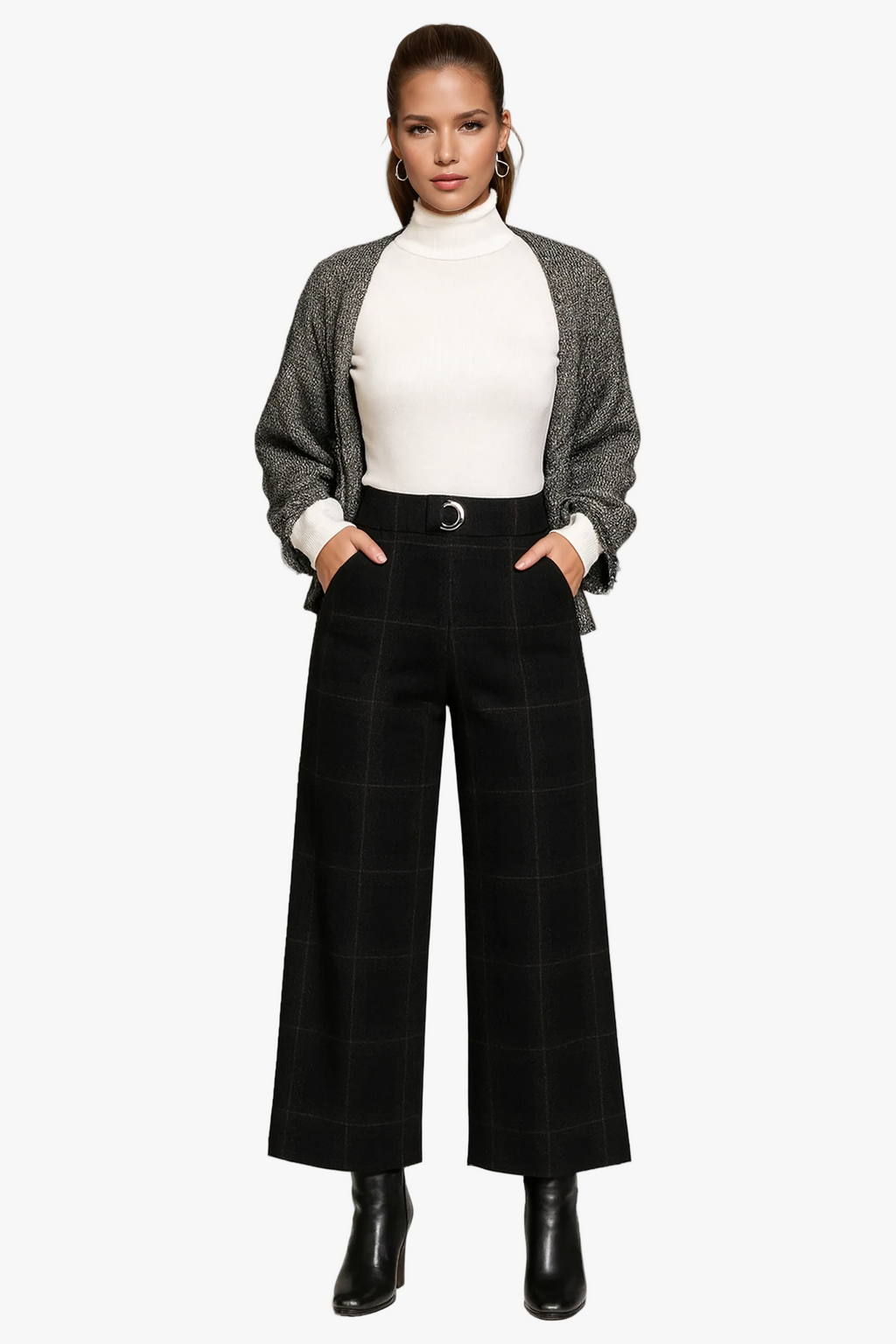 Women's Woven Pants with High-Rise Waist and Wide Legs