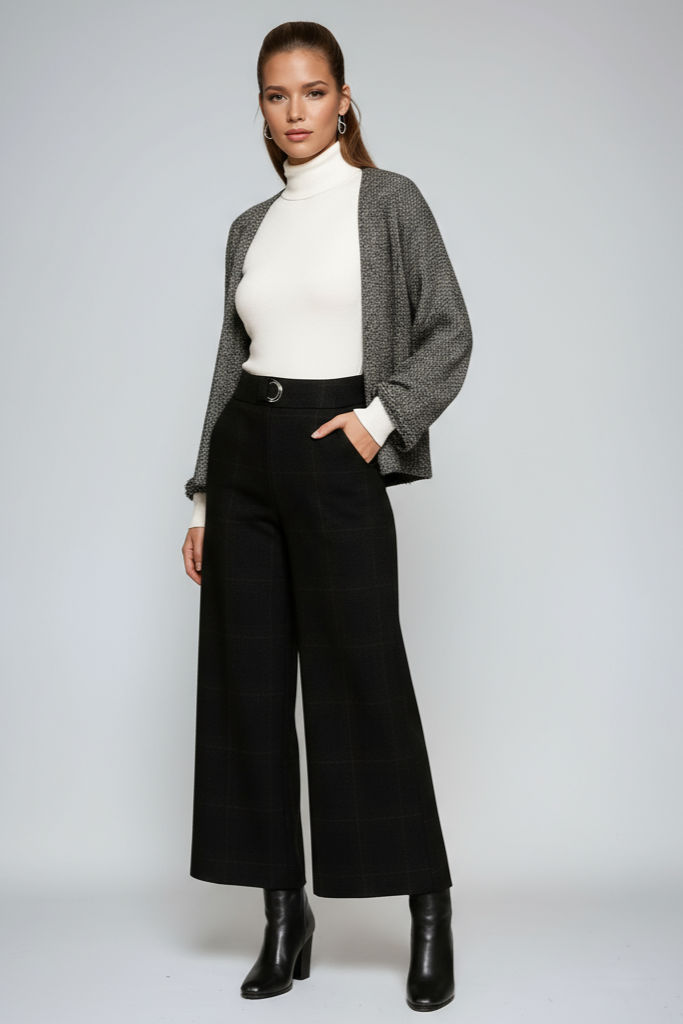 Women's Woven Pants with High-Rise Waist and Wide Legs
