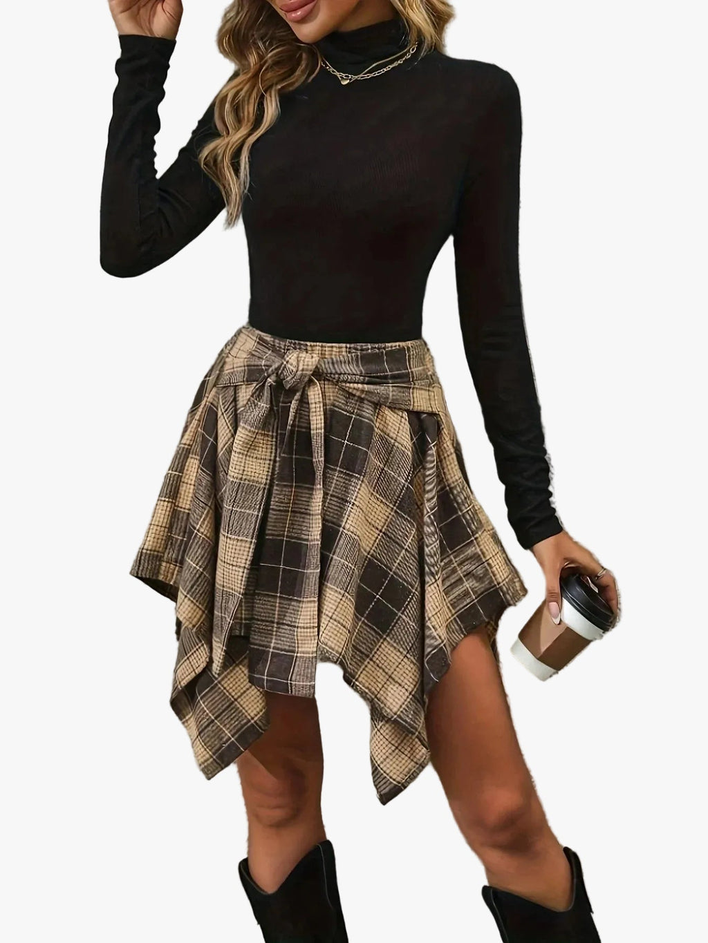 Women's Woven Plaid Skirt with Tie Waist and Handkerchief Hem