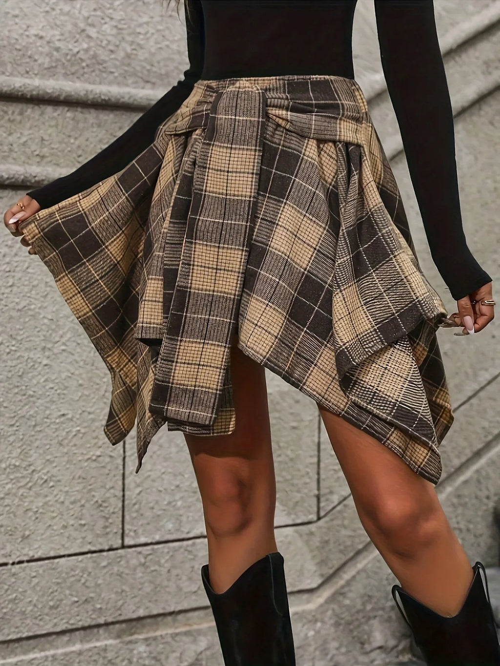 Women's Woven Plaid Skirt with Tie Waist and Handkerchief Hem